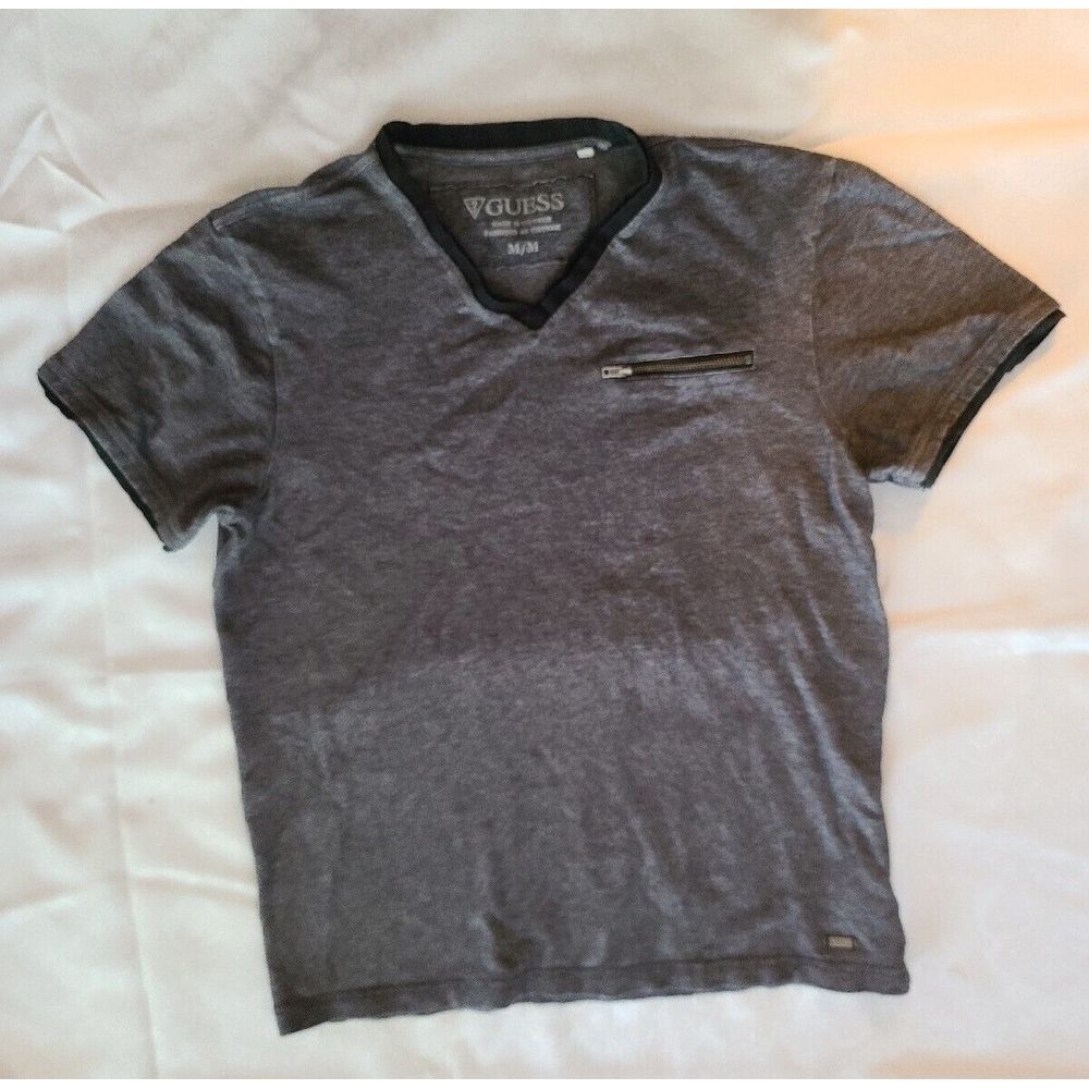 GUESS Charcoal Gray & Black V Neck T-Shirt ZIPPERED Front‎ Medium EXCELLENT - Picture 2 of 8